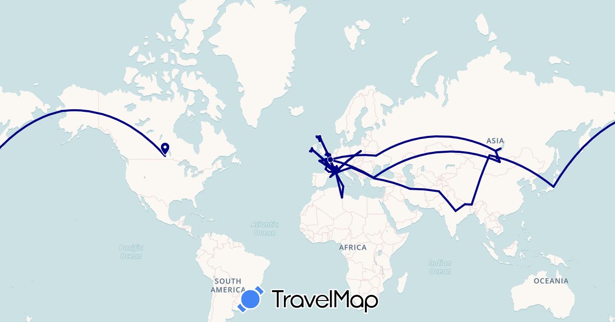 TravelMap itinerary: driving in Afghanistan, Bhutan, Canada, Spain, France, United Kingdom, Ireland, India, Iran, Italy, Japan, Mongolia, Nepal, Poland, Russia, Slovenia, Tunisia, Turkey, Ukraine, United States (Africa, Asia, Europe, North America)